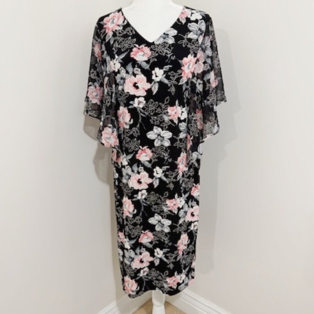 Sami & Jo Black & Pink Floral Dress Bell Sleeves Women's Size L